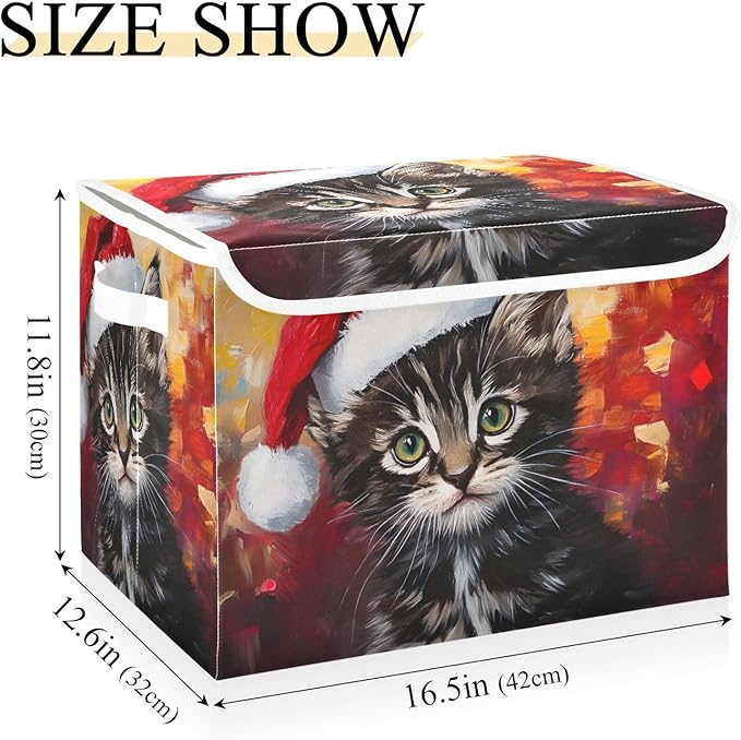 Storage Cube with Lid Cat Christmas Print 16.5×12.6×11.8 IN Collapsible Large Capacity Foldable Storage Basket Bin Organizer