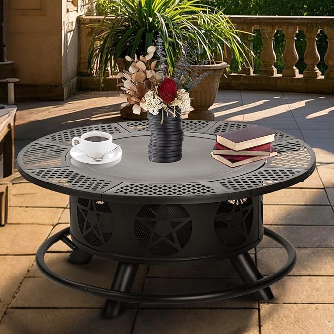 42 Inch Fire Pit with 2 Grills Extra Large Wood Burning Fire Pits for Outside with Lid &amp Poker Heavy Duty FirepitBBQ&amp Outdoor Fire Pit &amp Round Metal Table 3 in 1 for Patio Picnic Part