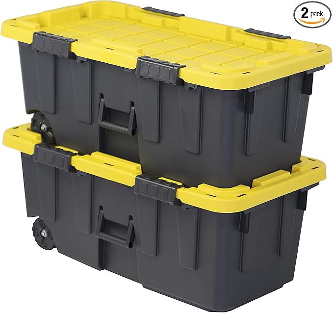 CX BLACK &amp YELLOW 20-Gallon Heavy Duty Tough Storage Footlocker &amp Snap-Tight Lid (13.4H x 18.2W x 32.3D) Weather-Resistant Design and Stackable Organization Tote [2 Pack]