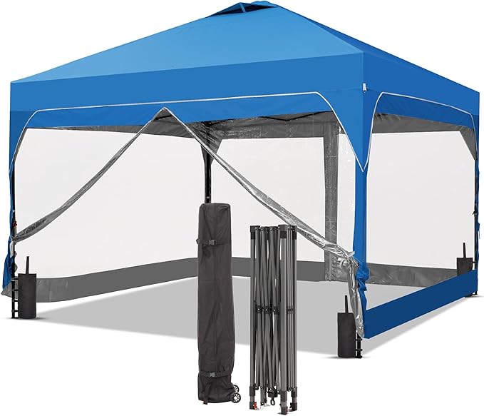 GDY 8x8FT Outdoor Pop Up Canopy Tent with One Push Setup Easy Setup Gazebo with 4 PVC Transparent Sidewalls for Patio Parties Camping Blue.