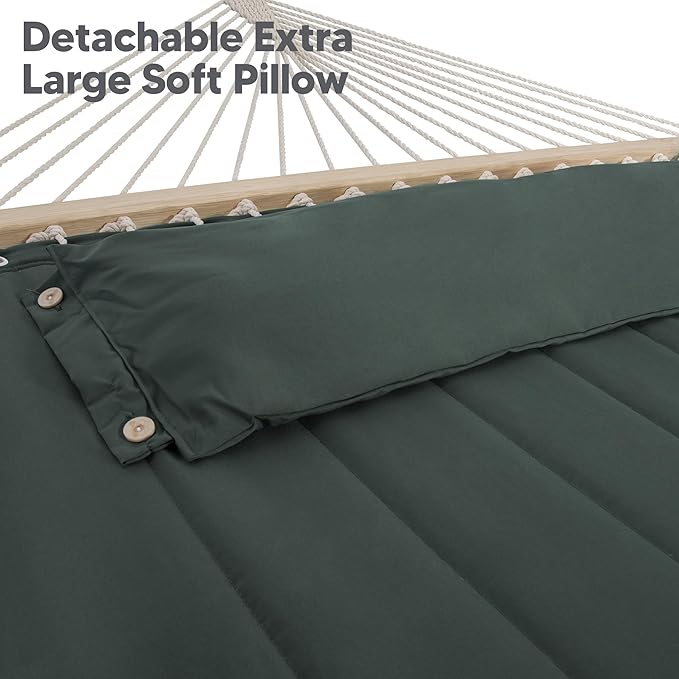SUNCREAT Hammocks Extra Large Double Hammock with 12 ft Stand 475lbs Capacity Outdoor Portable Hammock with Hardwood Spreader Bar Extra Large Pillow Gray Green