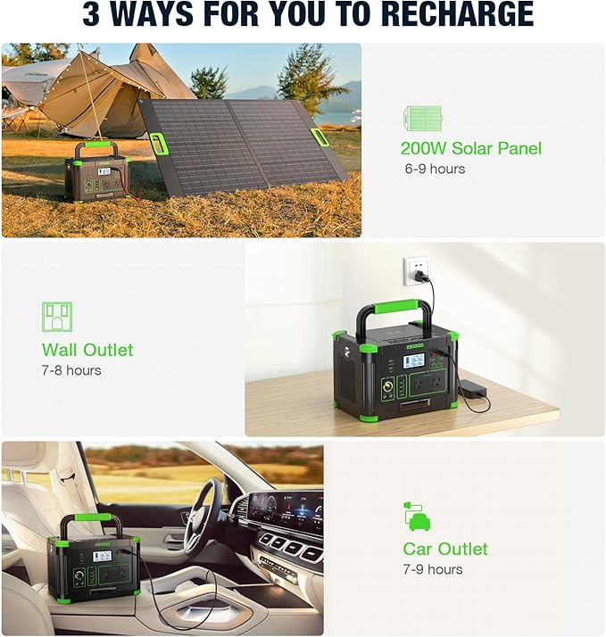 1000W Portable Power Station 999Wh Solar Generator Backup Battery with Pure Sine Wave Solar/AC/Car Chargable for Camping RV Home Emergency &amp Outdoor Adventures