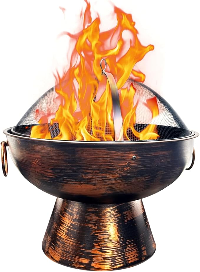 GasOne 22 in Round Outdoor Fire Pit - Wood Burning With Mesh Lid and Fire Picker - Durable Alloy Steel for Outside - Small for Backyard Porch Deck Camping BBQ