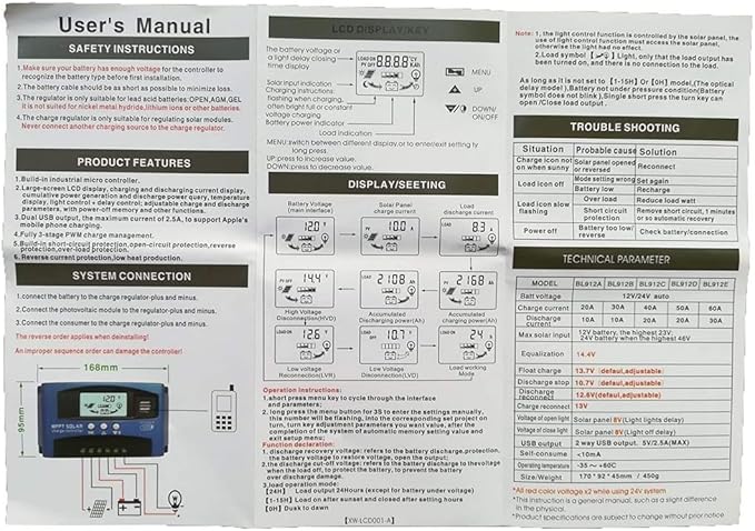 MPPT 100A 12V/24V Auto Focus Tracking Solar Panel Charge Controller Regulator with Dual USB PortLCD Display New Mppt Technical