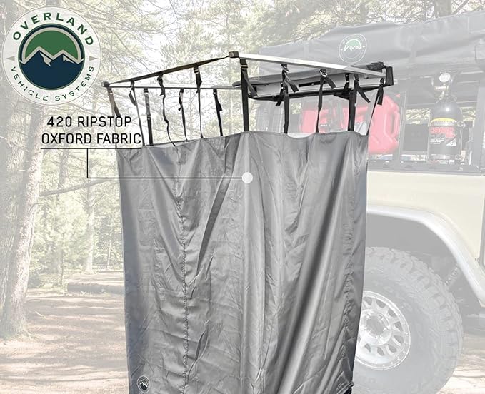 Overland Vehicle Systems HD Nomadic Car Side Shower Room with Black 1000G PVC Travel Cover Universal L - Brackets Dark Grey Body with Silver Inner Lining