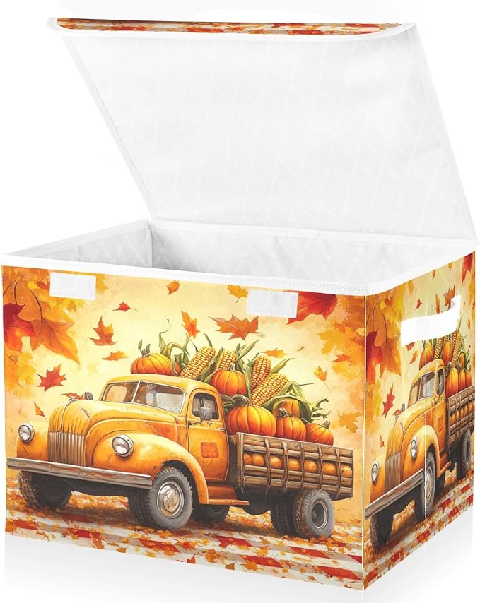 Collapsible Storage Bins with Lids Decorative Fabric Storage Cubes Closet Organizer and Storage Basket Boxes Containers for Clothes Box Chest Folding Rectangle Fall Thanksgiving Pumpk