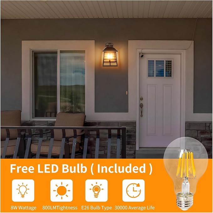 FUDESY Dusk to Dawn LED Outdoor Wall LanternWhite Plastic Photocell Sensor Porch Light with 8W 800LM Edison Filament BulbExterior Wall Mount Light Fixture for YardPatioGarage