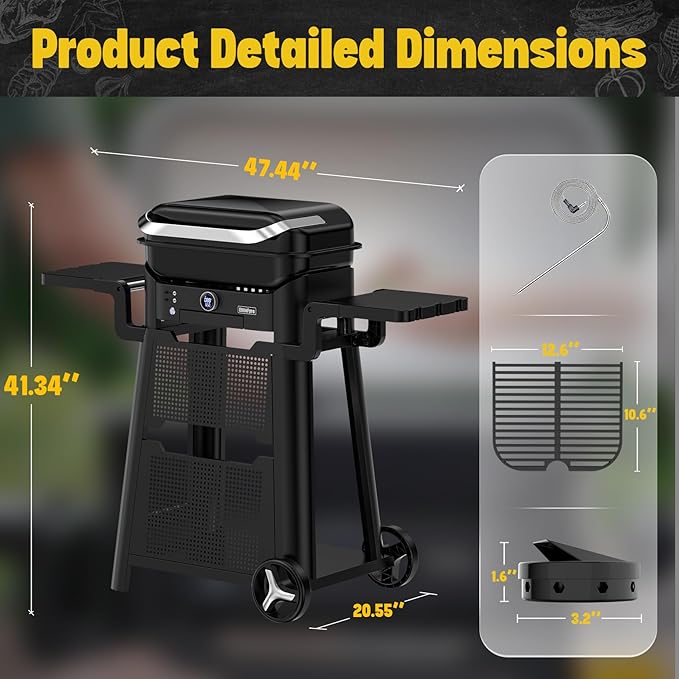 Volteq Smart Electric Grill with Cart - 1500W 650°F No Smoke Indoor/Outdoor BBQ Digital Control &amp Meat Probe Perfect for Apartment Balcony Patio Deck