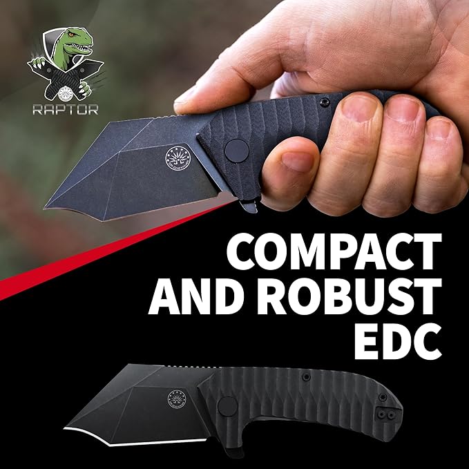 Off-Grid Knives - Raptor EDC Folding Knife with Tumbled Black D2 Steel Grippy G10 Bearings Deep Carry Left &amp Right Hawkbill Tip Stout Everyday Carry