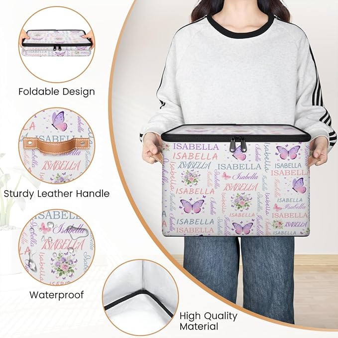 Custom Storage Bins with Zipper Lid Personalized Butterfly Flower Fabric Lidded Storage Baskets Boxes Foldable Cubes Clothes Organizer Container