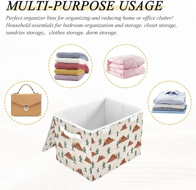 Storage Box Western Cactus Closet Storage Bins with Lids Foldable Oxford Fabric Storage Box for Home Bedroom Closet Office (16.5x12.6x11.8 in)
