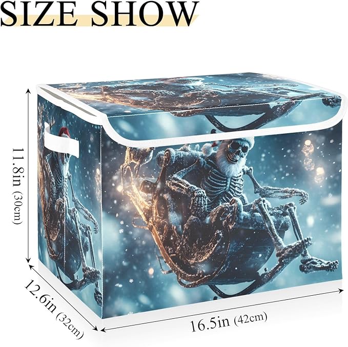 Storage Cube with Lid Skeleton Christmas Santa Print 16.5×12.6×11.8 IN Collapsible Large Capacity Foldable Storage Basket Bin Organizer