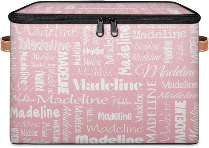 Custom Storage Basket with Name Personalized Keepsake Box with Zipper Lid Foldable Fabric Memory Bin Large capacity with Handle Pink