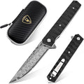 AUBEY Damascus Pocket Knife with Clip Tanto Blade Damascus Steel Folding Knives for Men Tactical Aluminum Handle with Glass Breaker for EDC Camping