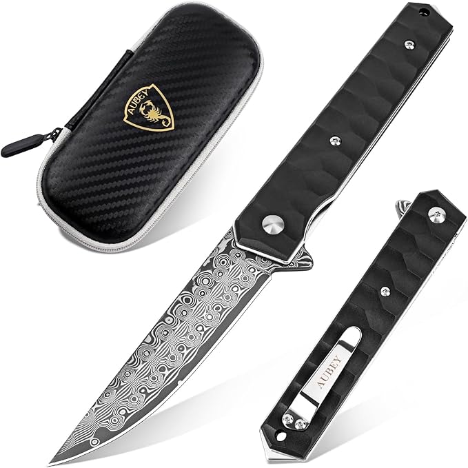 AUBEY Damascus Pocket Knife with Clip Tanto Blade Damascus Steel Folding Knives for Men Tactical Aluminum Handle with Glass Breaker for EDC Camping