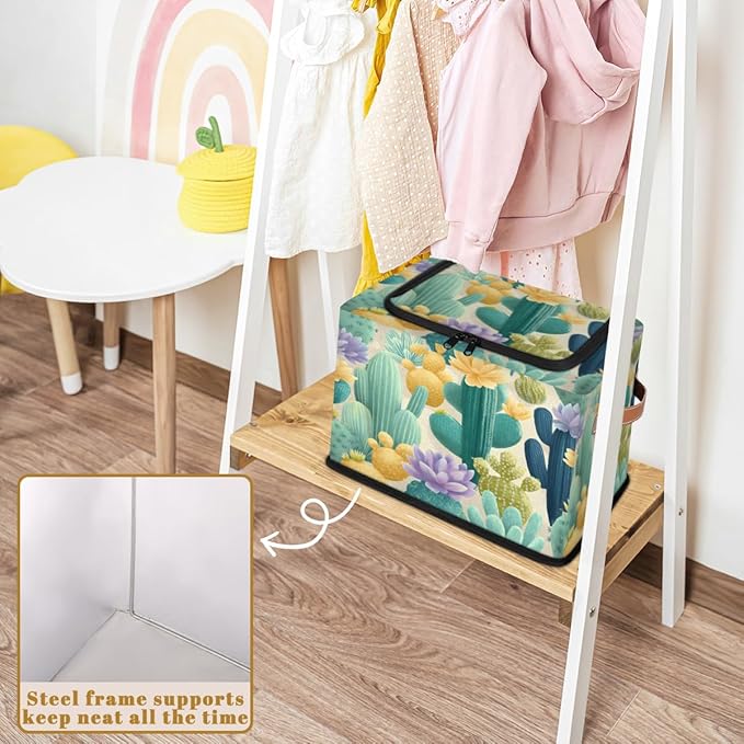 Cactus Storage Bins with Lids Flower Collapsible Cube Storage Basket with Leather Handle Foldable Storage Box with Lids for Organizing Home Closet