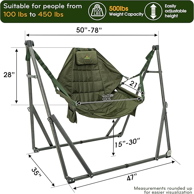 Tranquillo 2 in 1 Hammock and Swinging Chair with Collapsible Steel Stand &amp Carrying Case Portable &amp Adjustable 30s Set Up for Outdoor Indoor Porch Swing Patio Garden Camping Trip Gree