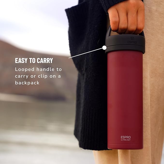 ESPRO Go P0 Ultralight French Press Coffee Maker for Travel Vacuum Insulated Stainless Steel 16 Ounces Cranberry