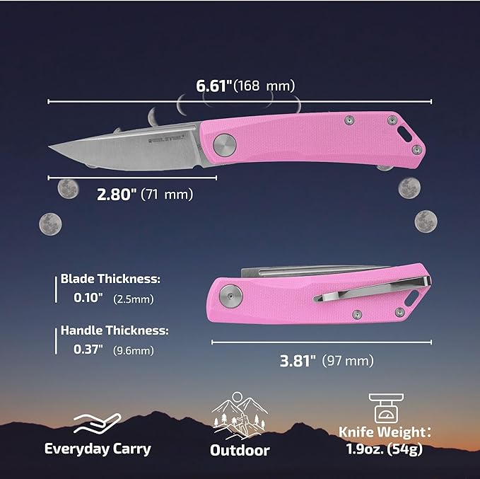 REALSTEEL Luna Lite Folding KnifePocket KnivesSlipjointNail Nick2.8 D2 BladeG10 Handle1.9ozEDC Indoor OutdoorCampingHikingDaily UseGift for Men Women(Pink G10)