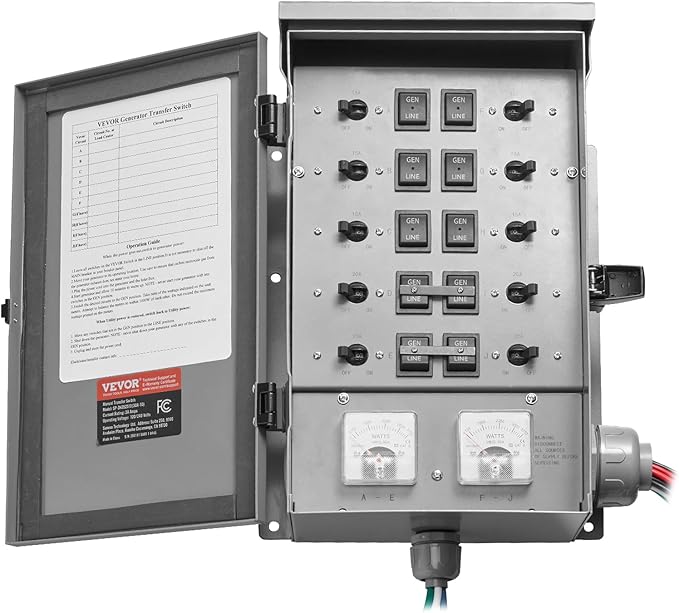 VEVOR Manual Transfer 30-Amp 10-Circuit Prewired Generator Transfer Kit with NEMA L14-30P Power Inlet Box Double-Throw NEMA 3R Mechanical Watt Meter for 7500W Generators