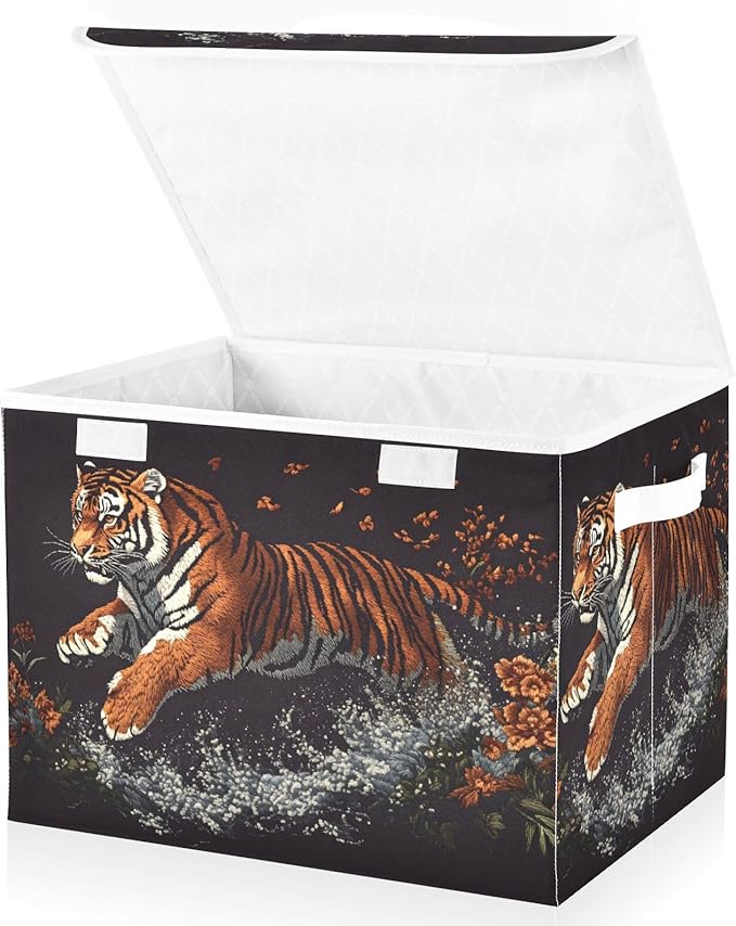 AIXIWAWA Lidded Storage Cube (Floral Animal) Fabric Foldable Closet Bins with Flip Lid and Handles Organizer Basket Container 16.5 x 12.6 x 11.8 IN