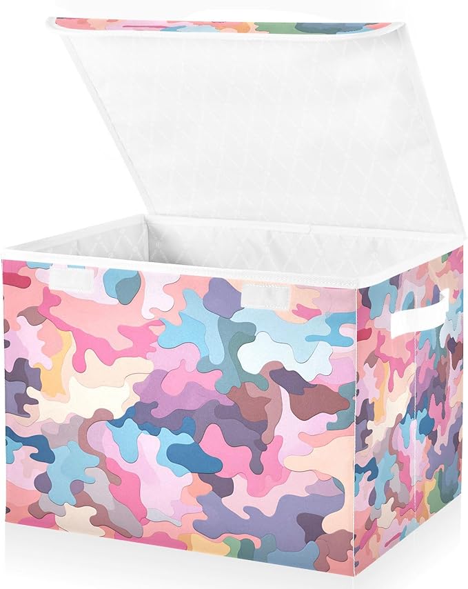 Vivid Camo Storage Cube with Lid Collapsible Fabric Storage Bins Basket with Handle for Home Bedroom Closet Office 16.5×12.6×11.8 in