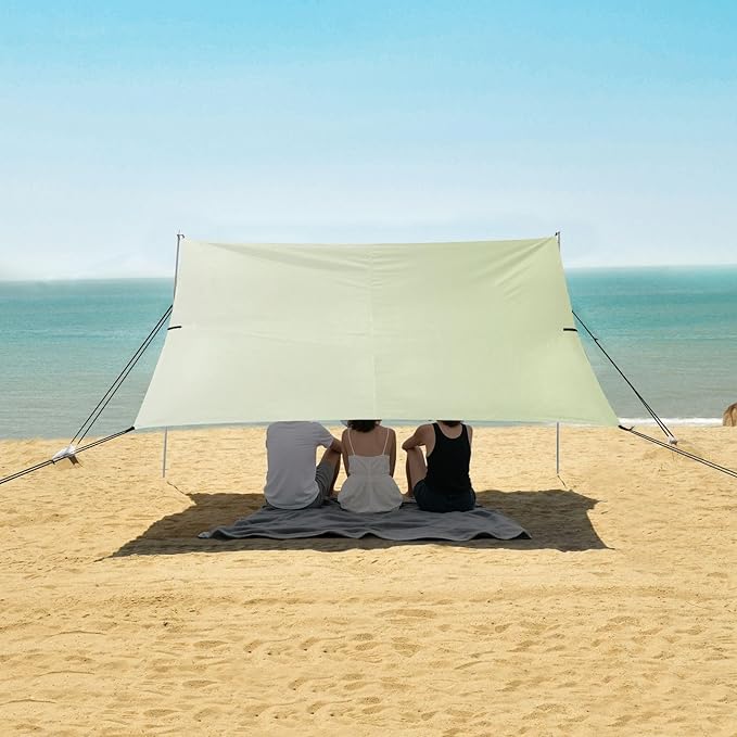 Cyan Blue Gradient Beach Canopy UPF50 Water-Resistant Portable Sun Shelter Includes Sand Shovel Sandbags Stability Poles for Backyard and Camping