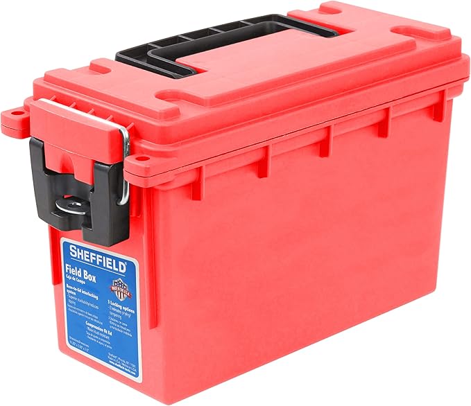 Sheffield 12636 Ammo Storage Box Stackable .30 Cal Field Boxes Water and Dust Resistant Lockable Storage Box with Handle Secures Hunting Gear Supplies and Bullets Made in USA Red (Pack of 6)