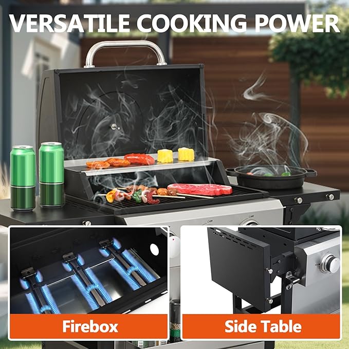 3 Burner Small Propane Gas Grill with Porcelain-Enameled Grates &amp Thermometer Stainless Steel BBQ Grill 25650 BTU with Folding Side Tables for Outdoor Cooking Kitchen Garden Patio