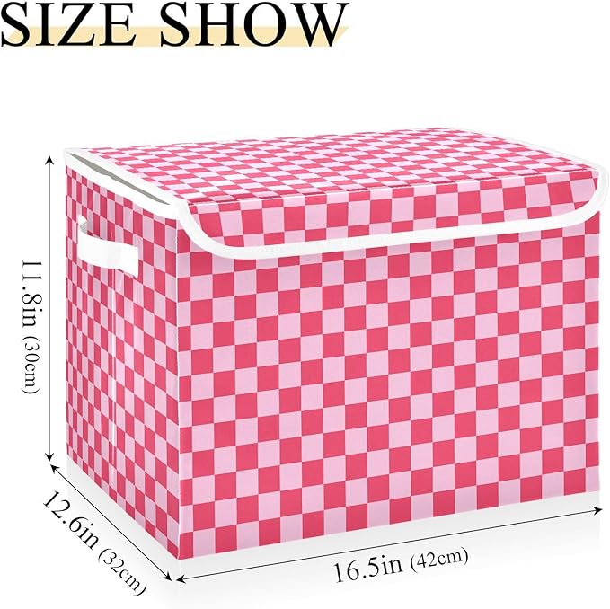 Light Pink Checkerboard Storage Baskets Lidded Bin Foldable Storage Boxes Cubes Lids with 2 Handles for Organizing Closet Home Office