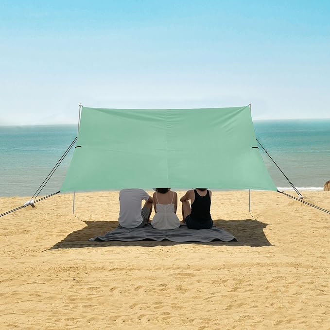 Sage Green Solid Color Pure Plain Foldable Beach Cabana UPF50+ Waterproof Portable Sun Shelter with Sandbags and Shovel for Family Trips Picnics &amp Camping