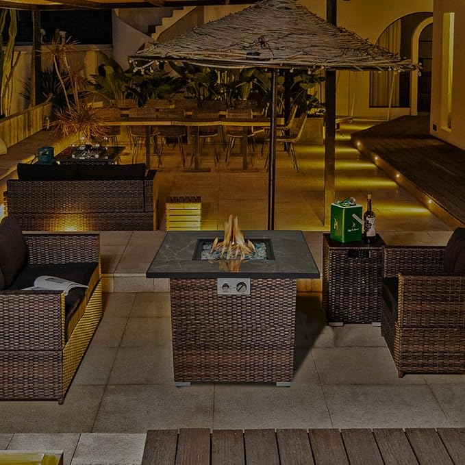 30'' Propane Fire Pit Table Marble Textured Ceramic Tabletop 50000 BTU Fire Table with Brown Wicker Mix Color Glass Rocks Including Lid&ampCover Square