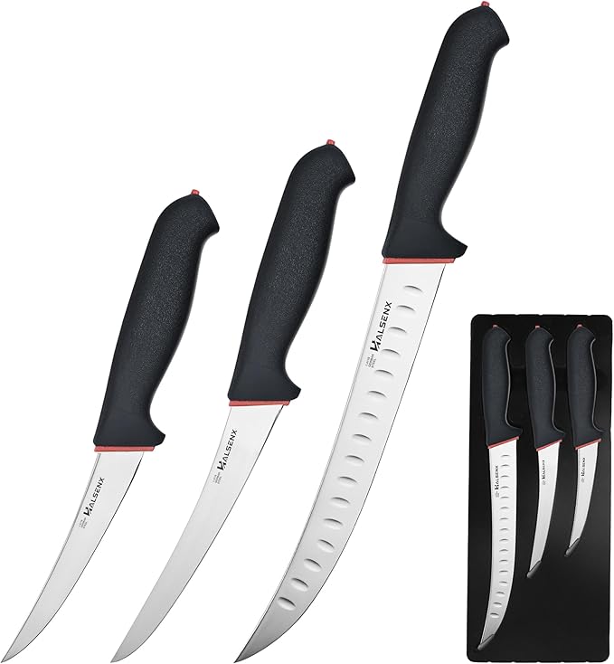 3PCS Butcher Knife Set with Non-Slip SoftGrip Professional Meat Cutting &amp Deboning Kit 5 Stiff Boning 6 Semi-Flex Curved Boning &amp 10 Breaking Knife