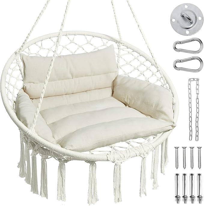 Greenstell Hammock Chair Macrame Swing Chair with Comfy Cushion Boho Hanging Chair for Outdoor &amp Indoor Perfect for Bedroom Patio Balcony Hold up to 350Lbs White