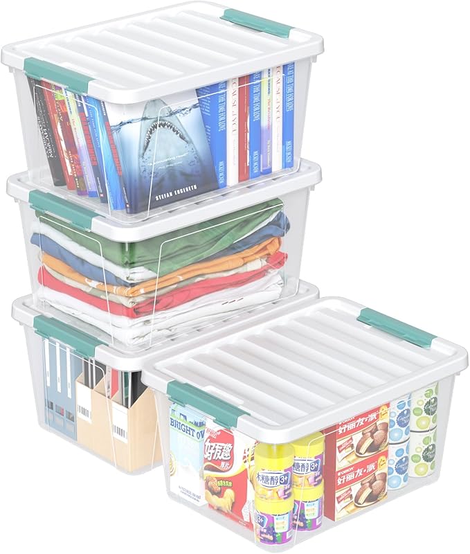 4-pack 35 Quarts Latching Storage Boxes Large Clear Plastic Storage Tote Bins with Lids