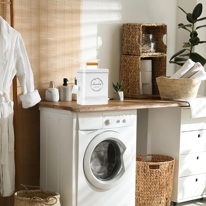 Laundry Detergent Container for Laundry Room Organization and Storage Modern Farmhouse Metal Laundry Decor Scent Boosters Beads Dispenser With Lid and Hand Scoop Pods Holder Bin White