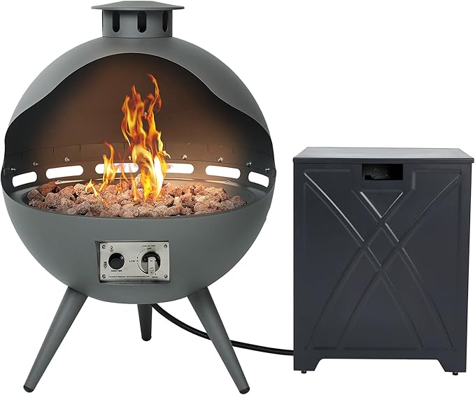 24-Inch Outdoor Propane Fireplace with 20 lb Tank Cover 55000 BTU Chimenea Propane Fire Pit Hemispherical 3-Legged Firepit with Lava Rocks and Rain Cover Gray