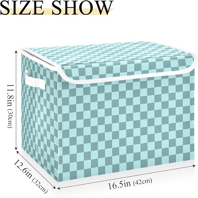 Grey Blue Checkerboard Storage Baskets Lidded Bin Foldable Storage Boxes Cubes Lids with 2 Handles for Organizing Closet Home Office