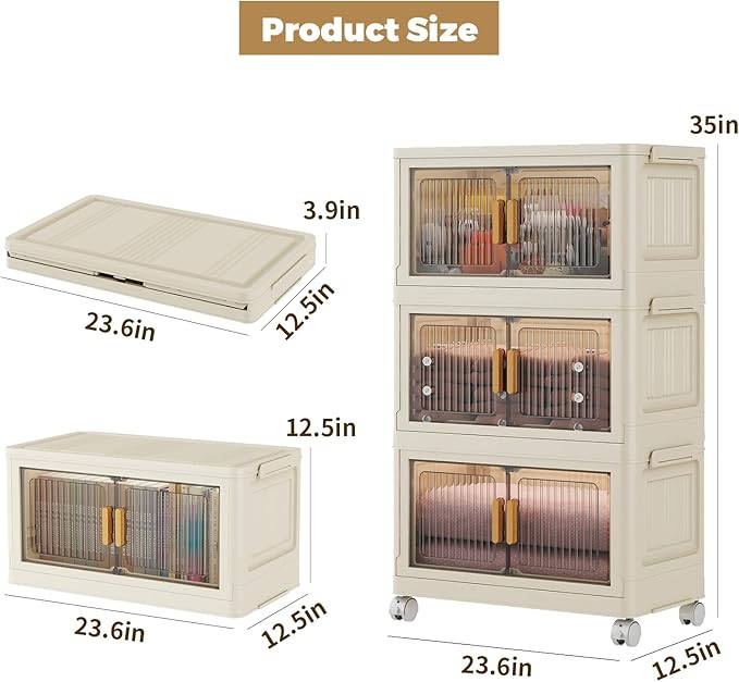3 Tier Stackable Plastic Storage Bins with Lids 58QT Collapsible Closet Organizers and Storage with Wheels for Living RoomOfficeDorm