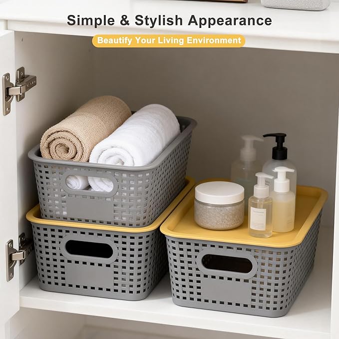 AREYZIN Plastic Storage Bins with LidStackable Storage Bins and Storage Baskets for ShelvesSmall Baskets for Organizing Small Storage Bins10.2x7.2x4.1 Inch6-Pack Gray
