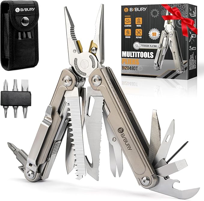 BIBURY 24-in-1 Titanium Multitool Pliers 8.7oz Ultra-Light EDC Pocket Tool with Sheath &amp Belt Clip Aerospace-Grade Titanium Handle for Camping Hiking DIY Gift for Men - 2048DT