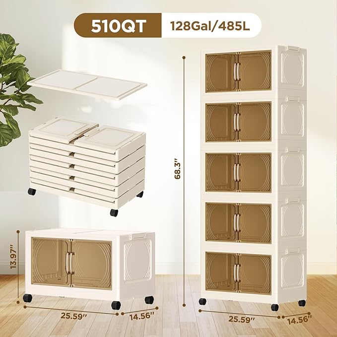 102QT Plastic 5 Tier Storage Bins with LidsFolding Storage Box with Doors and Wheels Stackable Storage BinsCloset Organizers and Storage for Living RoomOfficeDorm
