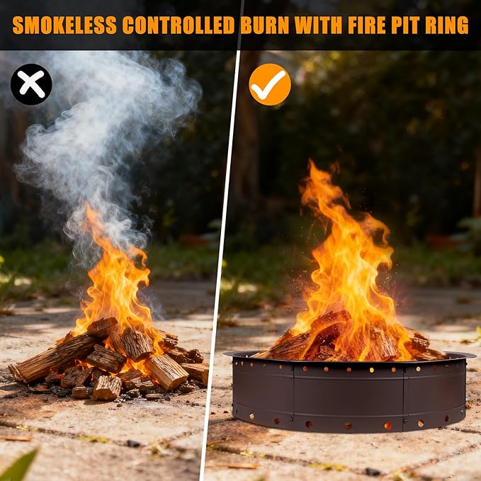 36 Inch Fire Pit Ring Large Outdoor Campfire Pit for Patio Backyard Garden Smokeless Steel Firepit with Air Vent for Efficient Burning &amp Anti-Rust Coating Brown Steel