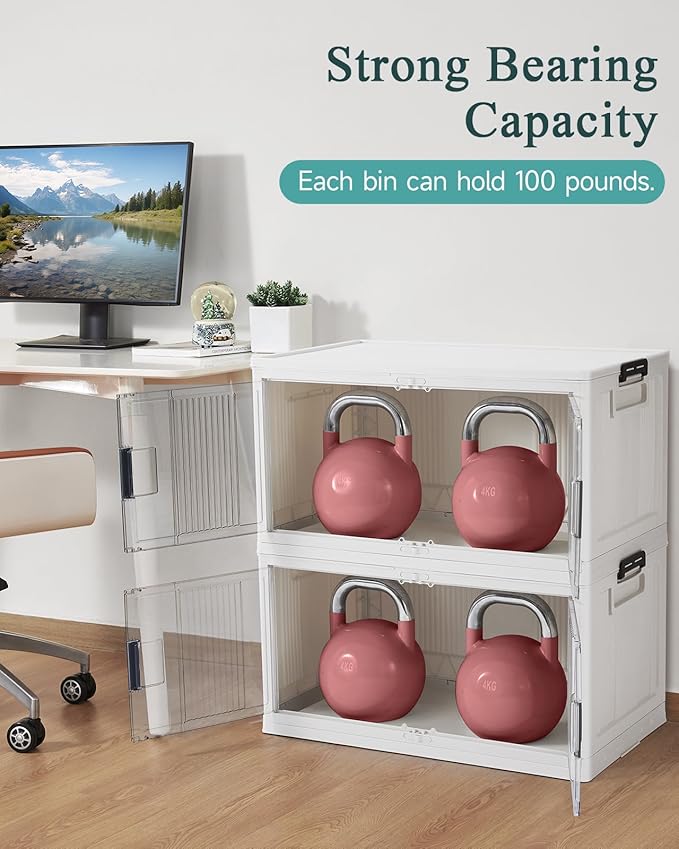 OlarHike 97QT Stackable Storage Bins with Lids - Folding Storage Box with Doors and Wheels Collapsible Plastic Storage Drawers for Closets and Organization Garage Office Cabinet 4 Pack Cubes