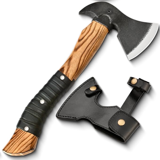 14” Hatchet Axe Camping Hatchet Hand Forged Axe with Sheath for Wood Chopping Splitting &amp Carving Bushcraft Axe with Ash Wood Handle for Outdoor &amp Survival