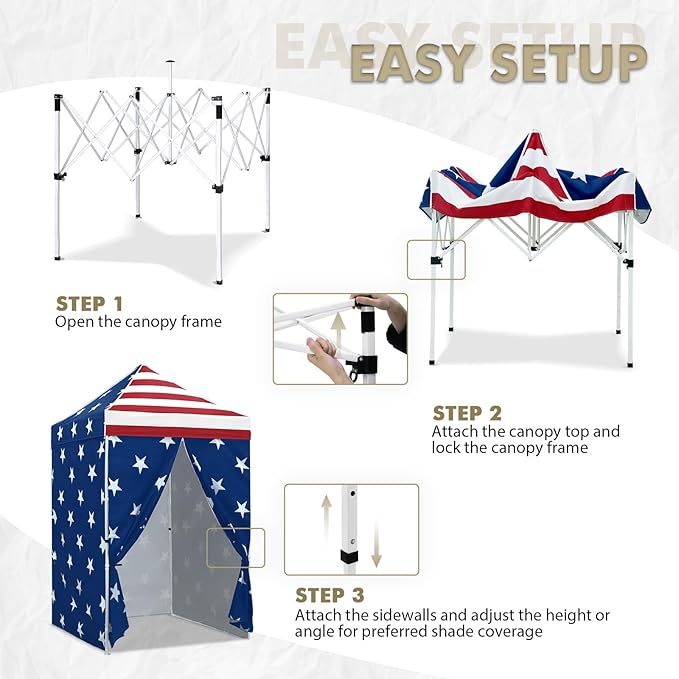 EAGLE PEAK 5x5 Instant Canopy with 4-Side Wall Panels Small Pop up Portable Canopy Tent with Carry Bag Light Weight Sun Shelter for Sports Camping and Beach American Flag