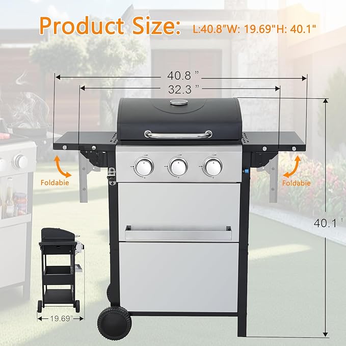 3-Burner Propane Gas BBQ Grill Stainless Steel Propane Grill 36900 BTU Outdoor Cabinet Style with Wheels Wire Rack and Two Foldable Side Table for Outdoor Barbecue Cooking (3-Burner GrillSilver)