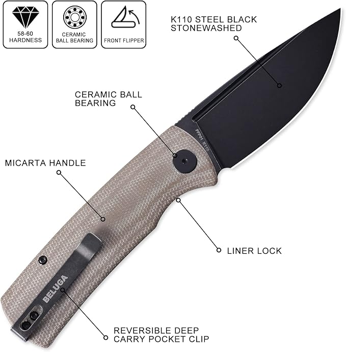 Petrified fish PFP01Beluga k110 steel folding knife G10 handle Front flipper outdoor Camping survival hunting EDC tool knives (Khaki Stonewashed)