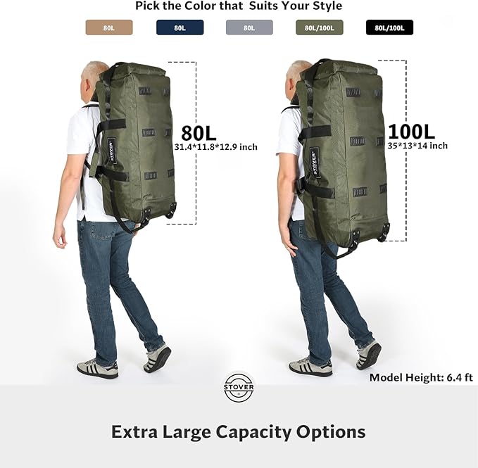 STOVER 45/80/100L Rolling Duffel Bag with Wheels Large Durable Travel Duffle + Toiletry Bag Heavy Duty Packable Foldable with Shoulder Straps- Use as Luggage or Backpack Men/Women (Blue)