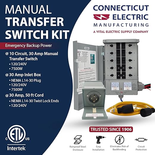 Connecticut Electric EmerGen Manual Transfer Switch Kit 30 Amp 50 Foot Cord 10-Circuit 7500 Watts EGS107501G2K50 for Portable Generator (with 50 FT Generator Cord)